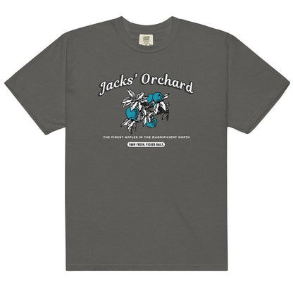 Jacks' Orchard Tee Shirt - The Bean Workshop - Blue Apple Design, Casual Wear, Cotton Graphic Tee, evangeline fox, Fandom Apparel, Jacks Fan T-Shirt, jacks prince of hearts, once upon a broken heart, ouabh, Prince of Hearts, retro, Retro Typography, stephanie garber, Summer Bookish Fashion, t-shirt, The Magnificent North, Vintage Farm Aesthetic