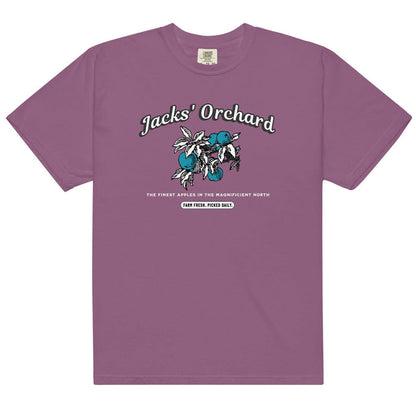 Jacks' Orchard Tee Shirt - The Bean Workshop - Blue Apple Design, Casual Wear, Cotton Graphic Tee, evangeline fox, Fandom Apparel, Jacks Fan T-Shirt, jacks prince of hearts, once upon a broken heart, ouabh, Prince of Hearts, retro, Retro Typography, stephanie garber, Summer Bookish Fashion, t-shirt, The Magnificent North, Vintage Farm Aesthetic