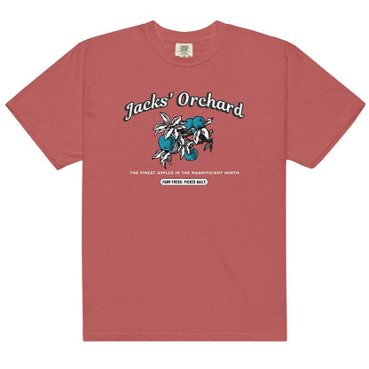 Jacks' Orchard Tee Shirt - The Bean Workshop - Blue Apple Design, Casual Wear, Cotton Graphic Tee, evangeline fox, Fandom Apparel, Jacks Fan T-Shirt, jacks prince of hearts, once upon a broken heart, ouabh, Prince of Hearts, retro, Retro Typography, stephanie garber, Summer Bookish Fashion, t-shirt, The Magnificent North, Vintage Farm Aesthetic