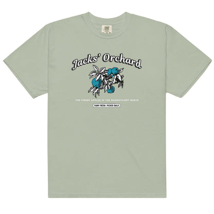 Jacks' Orchard Tee Shirt - The Bean Workshop - Blue Apple Design, Casual Wear, Cotton Graphic Tee, evangeline fox, Fandom Apparel, Jacks Fan T-Shirt, jacks prince of hearts, once upon a broken heart, ouabh, Prince of Hearts, retro, Retro Typography, stephanie garber, Summer Bookish Fashion, t-shirt, The Magnificent North, Vintage Farm Aesthetic