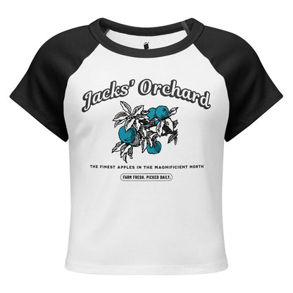 Jacks' Orchard Women Micro Rib Raglan Baby Tee - The Bean Workshop - baby tee, Baby Tee for Readers, Blue Apple Graphic, Coquette Aesthetic, Cropped Tee, Jacks and Evangeline, once upon a broken heart, ouabh, Prince of Hearts, raglan shirt, Retro Farm Design, Rib Raglan Shirt, stephanie garber, Summer Outfit, Trendy Book Merch, Y2K Fashion