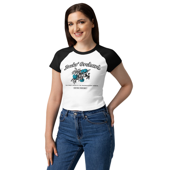 Jacks' Orchard Women Micro Rib Raglan Baby Tee - The Bean Workshop - baby tee, Baby Tee for Readers, Blue Apple Graphic, Coquette Aesthetic, Cropped Tee, Jacks and Evangeline, once upon a broken heart, ouabh, Prince of Hearts, raglan shirt, Retro Farm Design, Rib Raglan Shirt, stephanie garber, Summer Outfit, Trendy Book Merch, Y2K Fashion