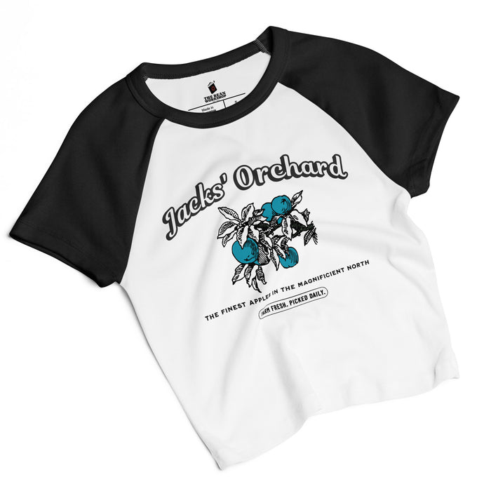 Jacks' Orchard Women Micro Rib Raglan Baby Tee - The Bean Workshop - baby tee, Baby Tee for Readers, Blue Apple Graphic, Coquette Aesthetic, Cropped Tee, Jacks and Evangeline, once upon a broken heart, ouabh, Prince of Hearts, raglan shirt, Retro Farm Design, Rib Raglan Shirt, stephanie garber, Summer Outfit, Trendy Book Merch, Y2K Fashion