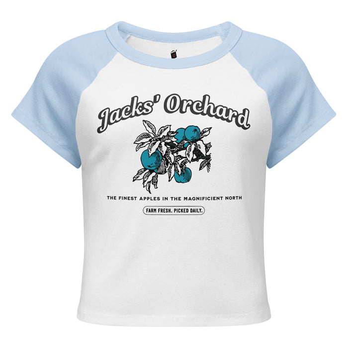 Jacks' Orchard Women Micro Rib Raglan Baby Tee - The Bean Workshop - baby tee, Baby Tee for Readers, Blue Apple Graphic, Coquette Aesthetic, Cropped Tee, Jacks and Evangeline, once upon a broken heart, ouabh, Prince of Hearts, raglan shirt, Retro Farm Design, Rib Raglan Shirt, stephanie garber, Summer Outfit, Trendy Book Merch, Y2K Fashion