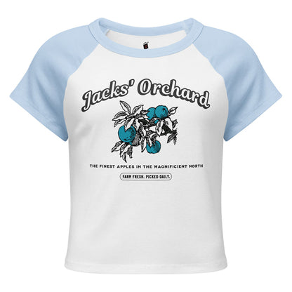Jacks' Orchard Women Micro Rib Raglan Baby Tee - The Bean Workshop - baby tee, Baby Tee for Readers, Blue Apple Graphic, Coquette Aesthetic, Cropped Tee, Jacks and Evangeline, once upon a broken heart, ouabh, Prince of Hearts, raglan shirt, Retro Farm Design, Rib Raglan Shirt, stephanie garber, Summer Outfit, Trendy Book Merch, Y2K Fashion
