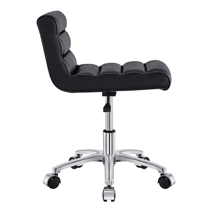 DIR Jockey Pedi Stool Black, ergonomic backrest, chrome base, and casters, side view.