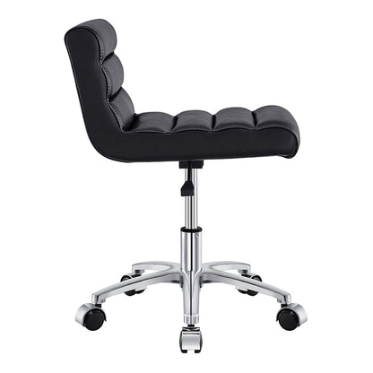 DIR Jockey Pedi Stool Black, ergonomic backrest, chrome base, and casters, side view.