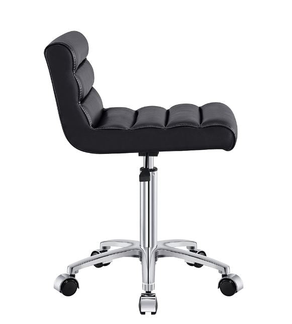 Jockey Salon Stool Black DIR by DIR, with ergonomic backrest and chrome base, side view.