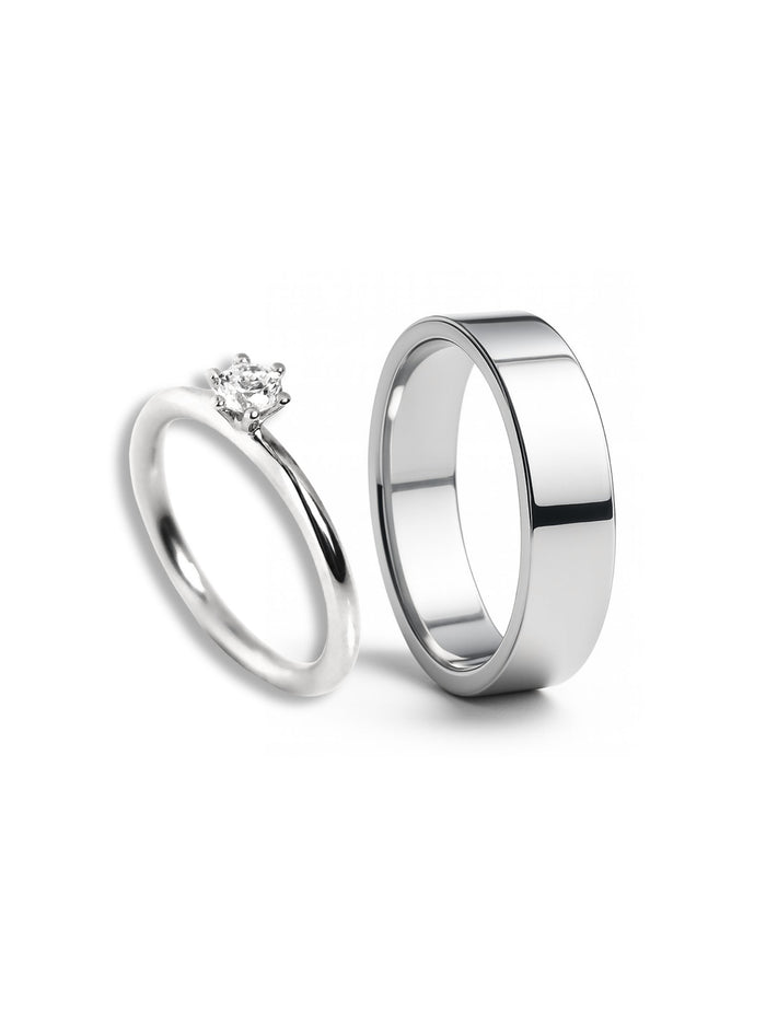 Ringar par förlovning. Silverringar till dam och herr. Diamantring + slät silverring.