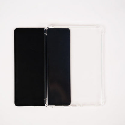 Two black tablets with a silver stand on a white background