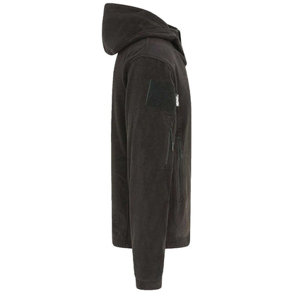 side view of kombat tactical black recon hoodie with arm pocket and patch