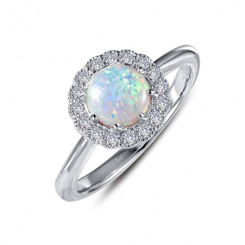 Lafonn Sterling Silver 1.08ct Simulated Opal Halo Ring, Size 7.  Inspired by the charm of the past, this simulated opal halo ring is set with Lafonn's signature Lassaire simulated diamonds in sterling silver bonded with platinum.