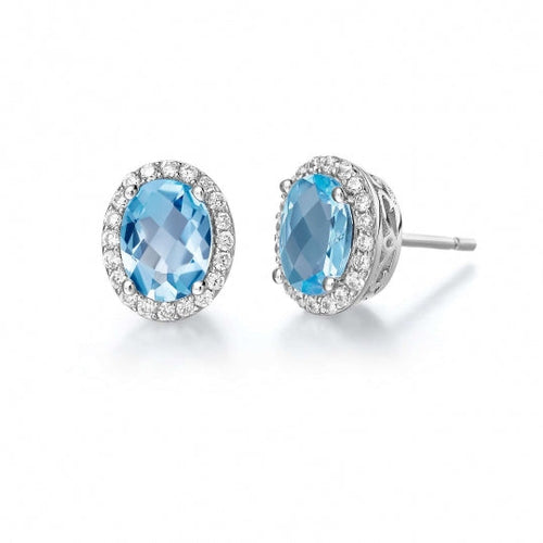 The clean look of Lafonn's Aria earrings adds class to any ensemble. These classy earrings are set with a genuine 6x8 mm oval checkerboard-cut blue topaz surrounded by Lafonn's signature Lassaire simulated diamonds in sterling silver bonded with platinum.