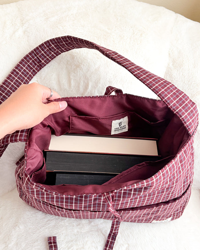 Large Gingham Book Bag with Multiple Pockets - The Bean Workshop - book bag, book lover tote, book tote bag, Bookish Tote, canvas tote, college student, gift for book lovers, gingham, plaid fabric, quilted tote bag, reading tote bag, tote, tote bag