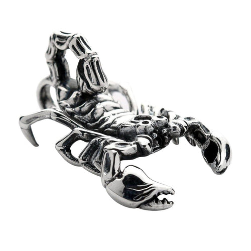 A large, 3D sterling silver scorpion pendant with a high-polish finish, shown in its aggressive, ready-to-strike pose.