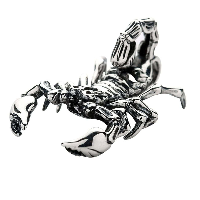 A realistic, three-dimensional sterling silver scorpion pendant showcasing the detailed segments of its exoskeleton and tail.