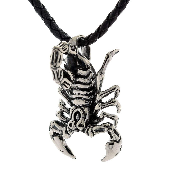 A side view of the lifelike scorpion pendant, highlighting its arched tail and sharp, ready-to-strike stinger.