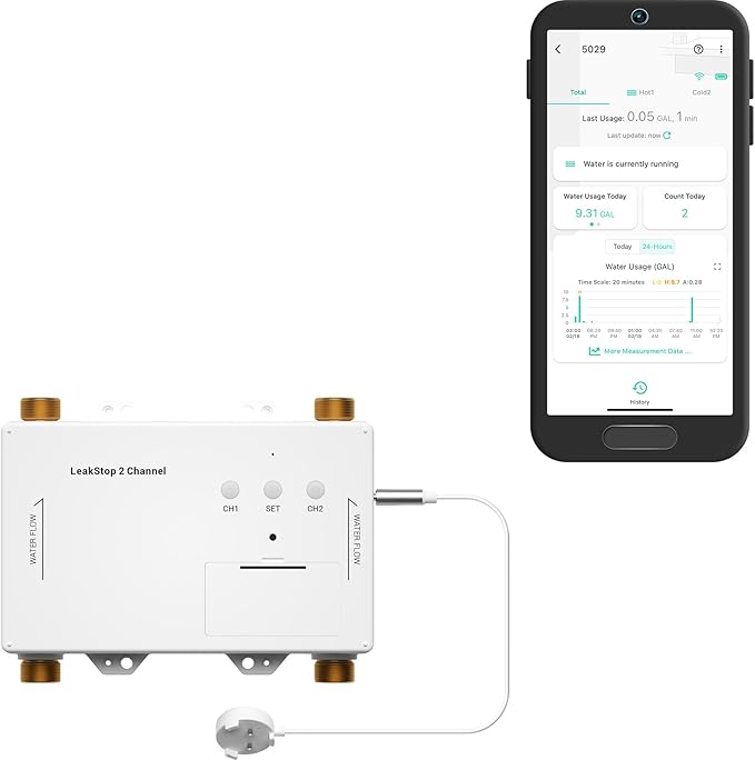 LeakStop 2 Channel Leak Detector, Stops Running Water in Home, Office, or Apartment Sinks & Washing Machine, Auto Shutoff Valve, Prevents Water Waste, Real-Time Monitoring, Hub Required