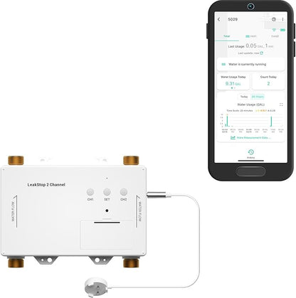 LeakStop 2 Channel Leak Detector, Stops Running Water in Home, Office, or Apartment Sinks & Washing Machine, Auto Shutoff Valve, Prevents Water Waste, Real-Time Monitoring, Hub Required