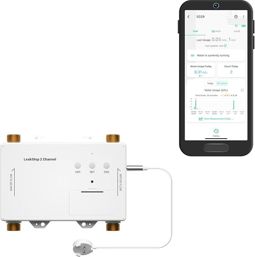 LeakStop 2 Channel Leak Detector, Stops Running Water in Home, Office, or Apartment Sinks & Washing Machine, Auto Shutoff Valve, Prevents Water Waste, Real-Time Monitoring, Hub Required
