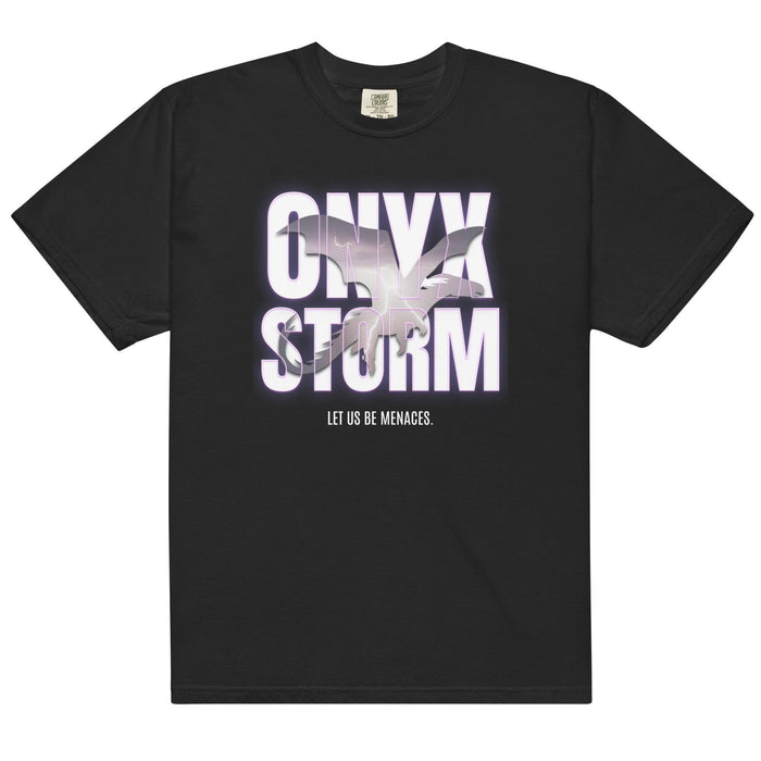 Let Us Be Menaces Onyx Storm Tee Shirt - The Bean Workshop - box tee, fourth wing, iron flame, onyx storm, rebecca yarros