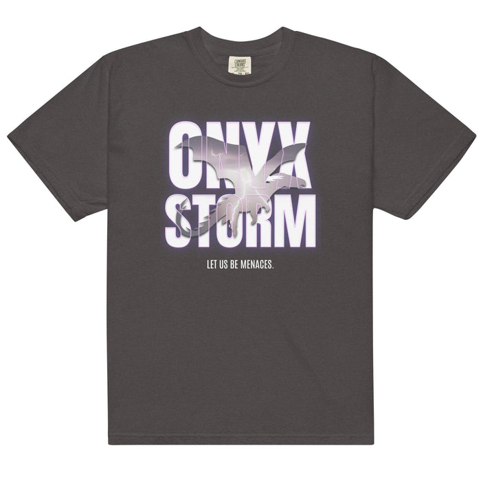 Let Us Be Menaces Onyx Storm Tee Shirt - The Bean Workshop - box tee, fourth wing, iron flame, onyx storm, rebecca yarros