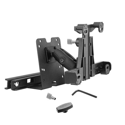 The LockVise™ Locking Car Headrest Tablet Mount, shown with included hardware like a hex key and mounting knobs, offers versatile adjustability—similar to a black multi-joint TV wall mount—isolated on a white background.