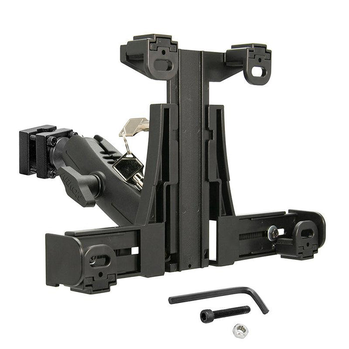 The LockVise™ Locking Car Headrest Tablet Mount, in black with adjustable clamps, hex key, screw, and nut, is ideal for securely mounting tablets and devices to your car’s headrest for entertainment or equipment use.
