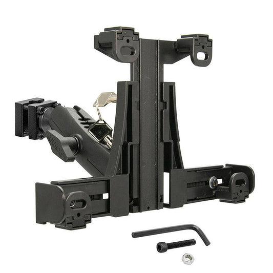 The LockVise™ Locking Car Headrest Tablet Mount, in black with adjustable clamps, hex key, screw, and nut, is ideal for securely mounting tablets and devices to your car’s headrest for entertainment or equipment use.