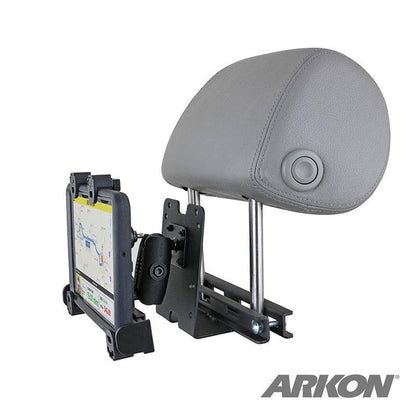 The LockVise™ Locking Car Headrest Tablet Mount attaches to the metal posts of a gray car headrest, displaying a map on the tablet screen. The ARKON logo is shown at bottom right—perfect for Uber drivers as a secure tablet holder.