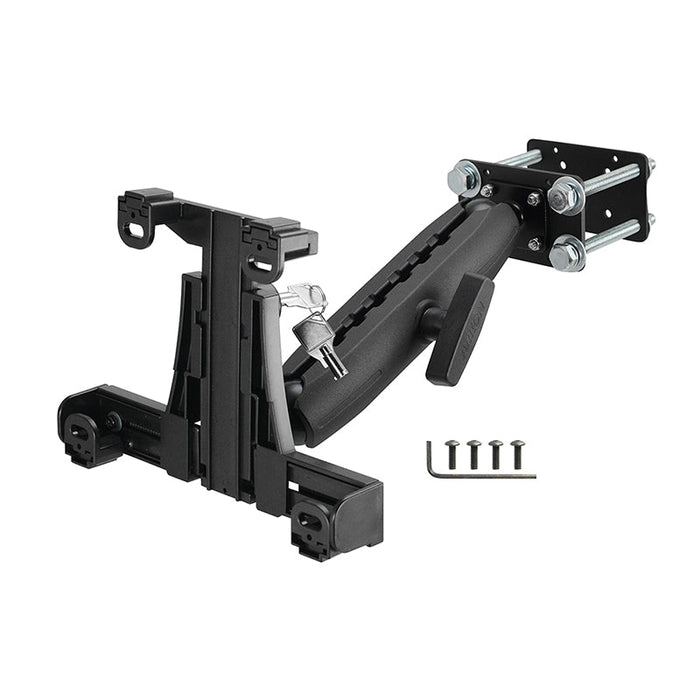 The LockVise™ Locking Forklift Front Guard Tablet Mount with a 10.25 Metal Robust™ Shaft features a black adjustable wall bracket, locking mechanism, screws, and Allen wrench for secure tablet installation in tough environments.