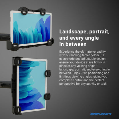 The LockVise™ Locking Forklift Front Guard Tablet Mount with 10.25 inch Metal Robust™ Shaft securely holds a white tablet in landscape and portrait modes. Its adjustable, locking design is ideal for warehouses; Arkon Mounts logo is visible on the gray background.
