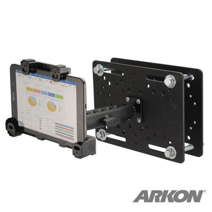 A tablet displaying charts is mounted on the LockVise™ Locking Forklift Overhead Guard Tablet Mount with a 6 metal shaft, ideal for warehouse use. The mount features a black adjustable design and shows the ARKON logo in the bottom right corner.