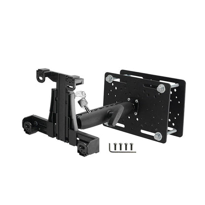 The LockVise™ Locking Forklift Overhead Guard Tablet Mount with 8.5 Metal Shaft is shown disassembled, featuring its mounting plate, arm mechanism, and screws on a white background—ideal for secure tablet placement.