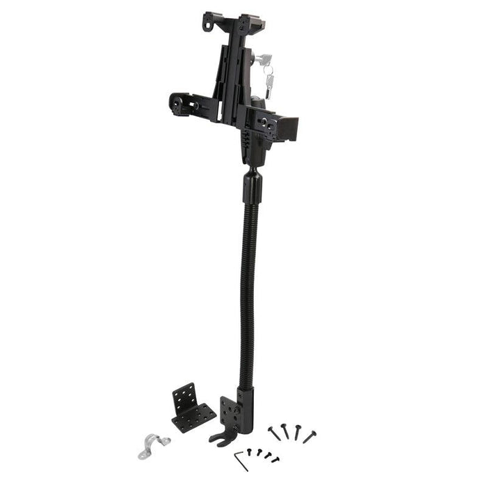 The LockVise™ Locking Seat Rail Tablet Mount with 18 Aluminum Gooseneck features a flexible arm, installation brackets, and screws, all displayed on a white background.