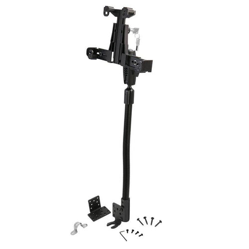 The LockVise™ Locking Seat Rail Tablet Mount with 18 Aluminum Gooseneck features a flexible arm, installation brackets, and screws, all displayed on a white background.