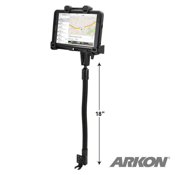 A tablet in a protective case is mounted on the LockVise™ Locking Seat Rail Tablet Mount with an 18 aluminum gooseneck, displaying a map with the ARKON logo in the lower right corner.