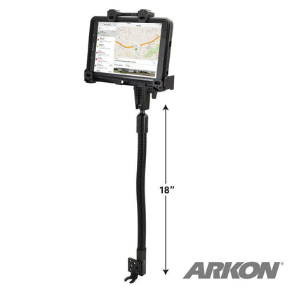 A tablet in a protective case is mounted on the LockVise™ Locking Seat Rail Tablet Mount with an 18 aluminum gooseneck, displaying a map with the ARKON logo in the lower right corner.
