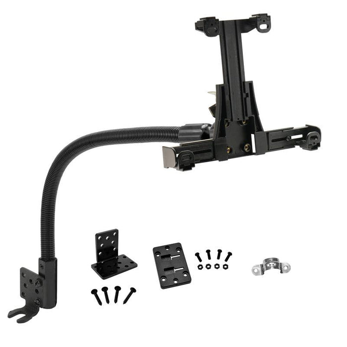 The LockVise™ Locking Seat Rail Tablet Mount with 22 Gooseneck features a flexible black mounting arm, adjustable clamp bracket, screws, and mounting plates—perfect for securely holding your device or ELD in vehicles.