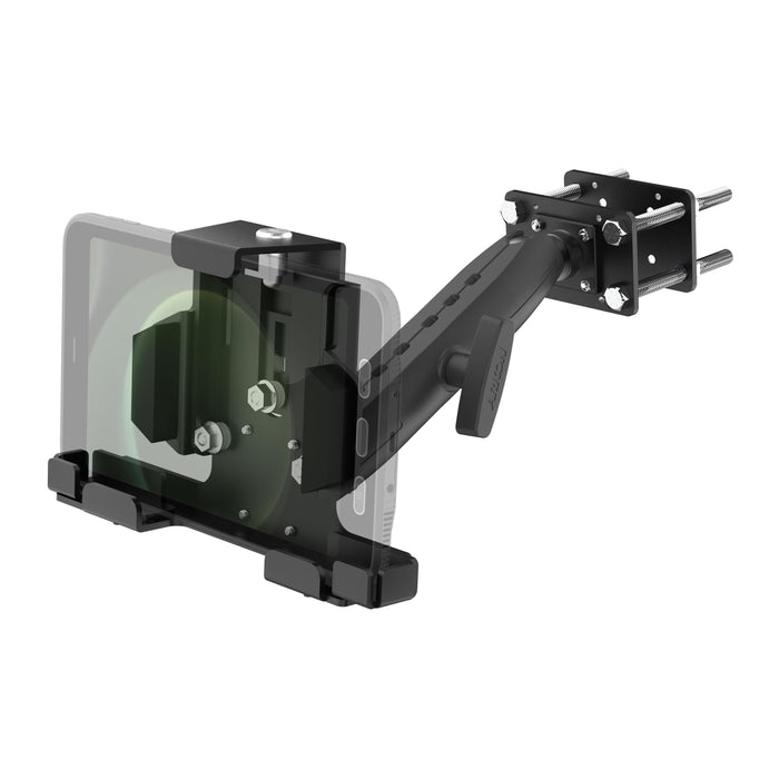 Introducing the LockVise™ Metal Locking Front Guard Tablet Mount with 8.5″ Metal Robust™ Shaft—a black, adjustable rugged tablet holder featuring sturdy clamps that securely hold your tablet device. Attached to a durable metal arm and bracket, this mount is designed for effortless installation on poles or similar surfaces, making it perfect as a warehouse tablet mount for demanding environments.