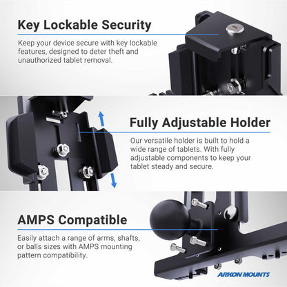 Infographic displays the LockVise™ Metal Locking Front Guard Tablet Mount with 8.5 Metal Robust™ Shaft: key lock, adjustable for multiple tablet sizes, AMPS compatible for versatile mounting. Arkon Mounts branding shown.