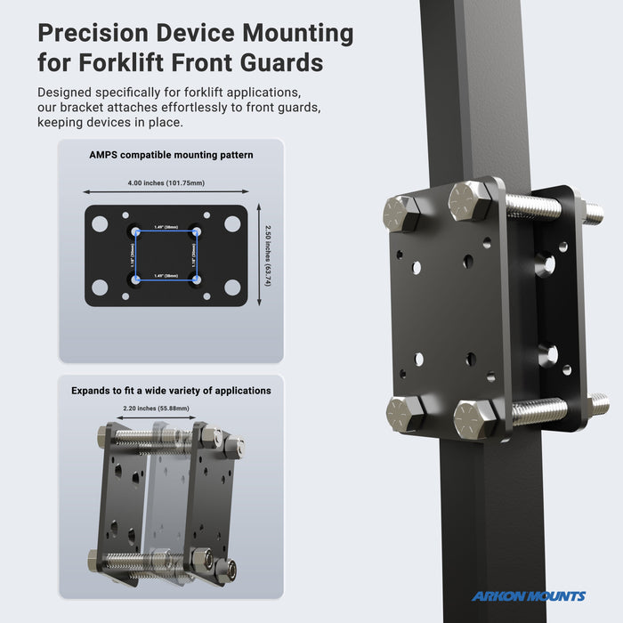 The LockVise™ Metal Locking Front Guard Tablet Mount with 8.5 Metal Robust™ Shaft secures tablets to forklift front guards, features an AMPS-compatible pattern, and is ideal as a warehouse forklift tablet mount.