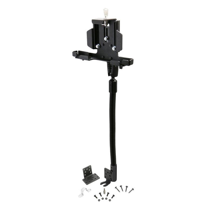 The LockVise™ Metal Locking Seat Rail Tablet Mount features an 18 aluminum gooseneck, 3.75 shaft, and comes with various screws, nuts, and two metal mounting plates, all displayed on a white background.