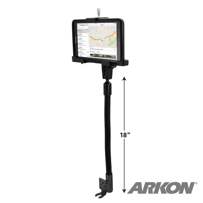 The LockVise™ Metal Locking Seat Rail Tablet Mount with 18 aluminum gooseneck and 3.75 shaft securely holds a tablet showing a map on a flat surface, with the ARKON logo visible in the bottom right corner.