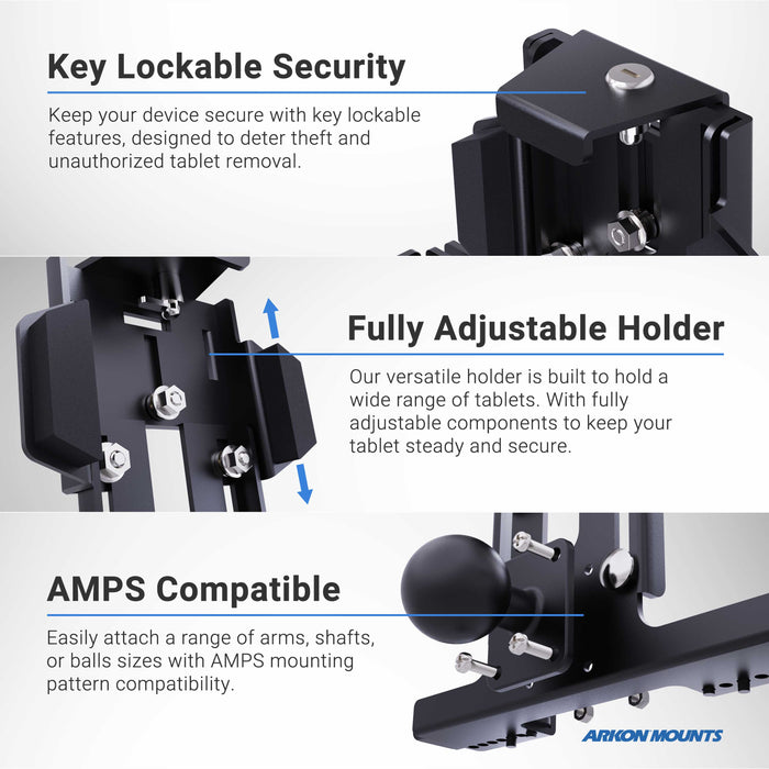 Infographic highlighting the LockVise™ Metal Locking Seat Rail Tablet Mount: key-lock security to prevent theft, fully adjustable holder for multiple tablet sizes, AMPS compatibility, 18 aluminum gooseneck, and a 3.75 shaft.