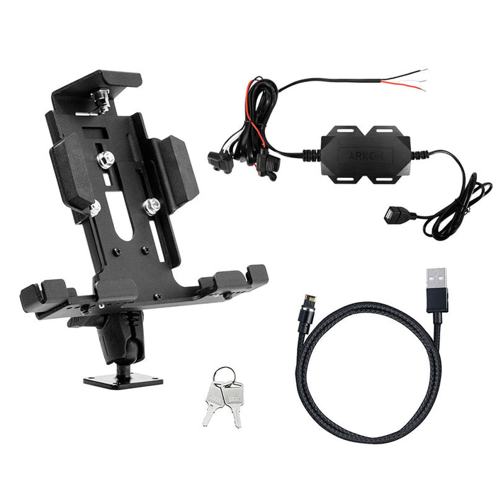 The LockVise™ Metal Locking Tablet Mount with Drill Base, magnetic Micro USB charge cable, wired power adapter, and two silver keys are shown on a white background. Designed for commercial and enterprise use.