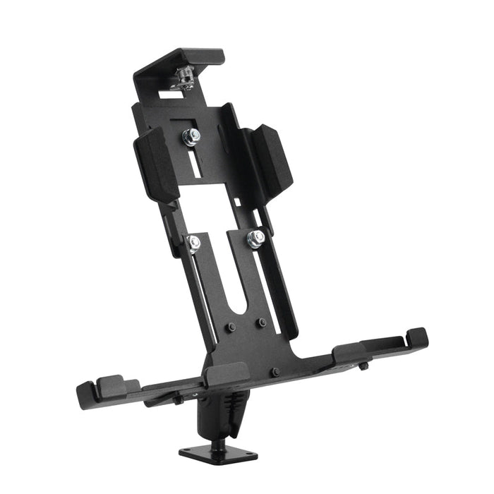The LockVise™ Metal XL Locking Tablet Holder with Drill Base Mount securely holds tablets with padded grips and includes mounting hardware for a universal, adjustable fit.