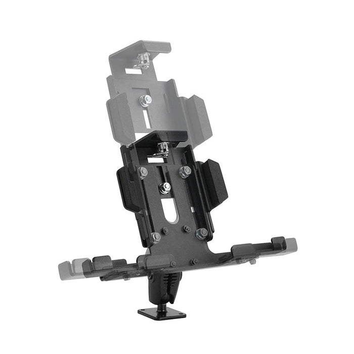 The LockVise™ Metal XL Locking Tablet Holder with Drill Base Mount features an adjustable, padded bracket and rotating base to securely hold tablets or GPS units, with visible screws for stability; ideal as an ELD compliant mount.