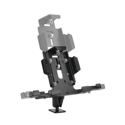 The LockVise™ Metal XL Locking Tablet Holder with Drill Base Mount features an adjustable, padded bracket and rotating base to securely hold tablets or GPS units, with visible screws for stability; ideal as an ELD compliant mount.