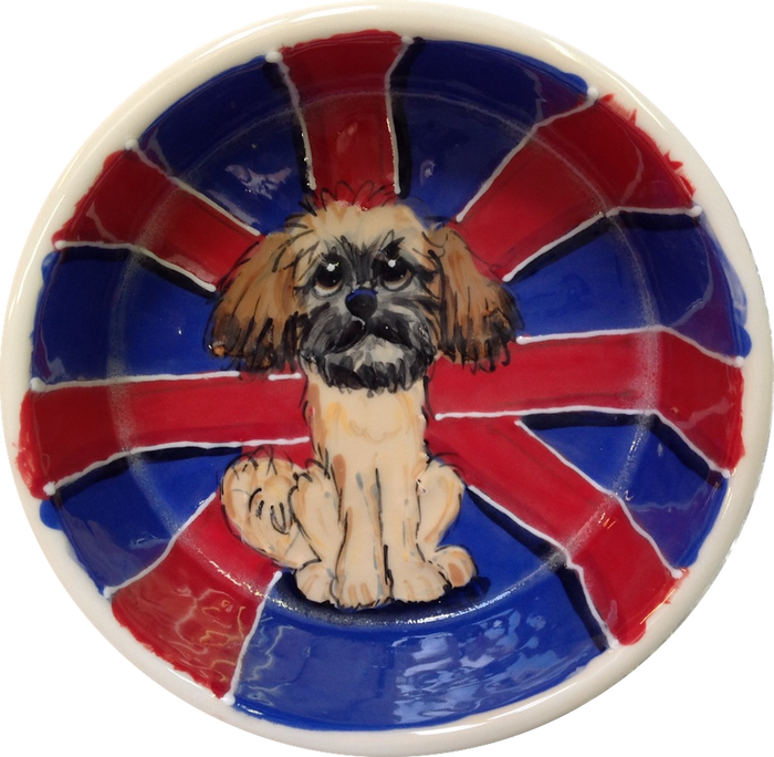 photo of ceramic pet bowl with British flag design and Shih Tzu portrayal by Debby Carman, faux paw petique